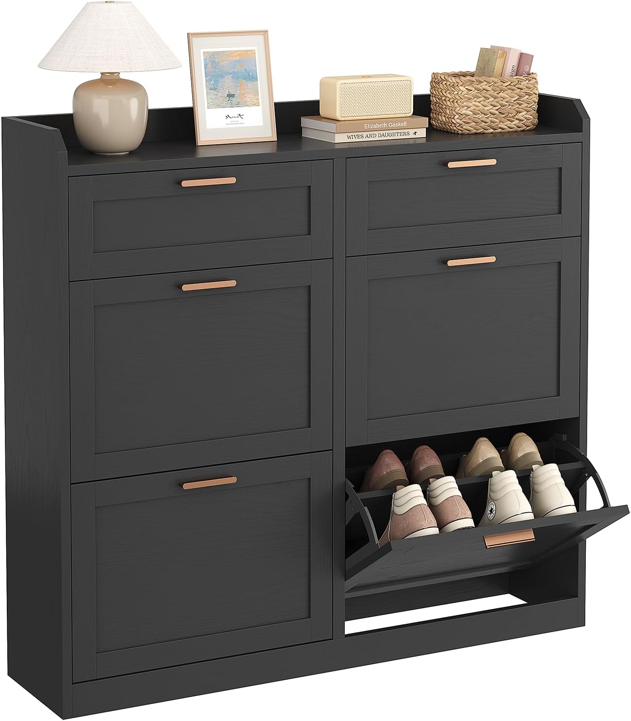 Meuble Chaussure Entrée, Porte Chaussures avec 4 Tiroirs Rabattables et Cloisons Réglables, 2 Tiroirs, Pour 16-24 Paires, Armoire à Chaussure pour Entrée, Couloir, Dressing, 24 x 100 x103 cm, Noir IB1609327