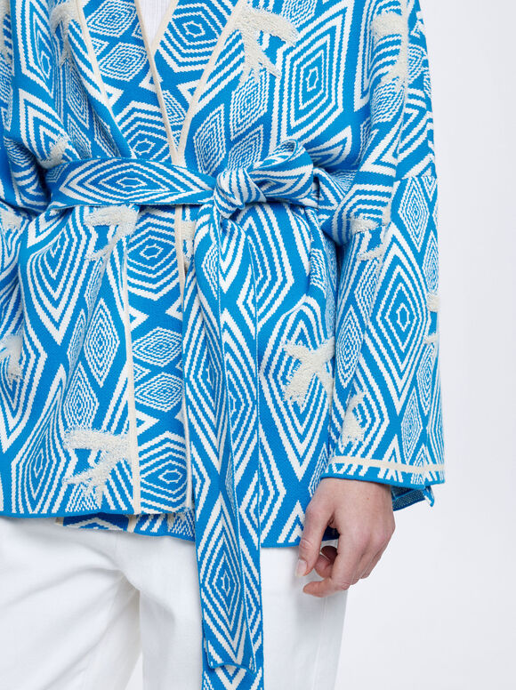 Cardigã Jacquard com Cinto - Azul