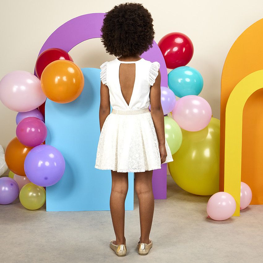 T-shirt manches courtes en tulle et fleurs 3D pour fille - Ecru