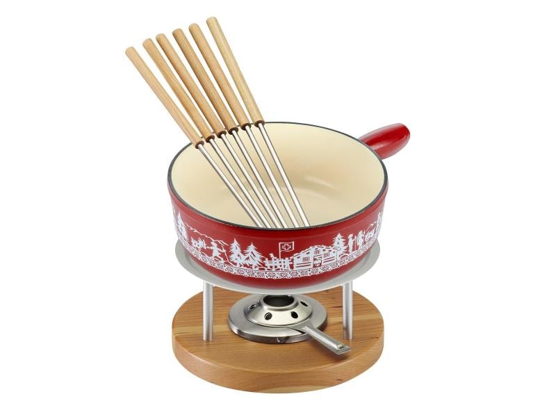 Kuhn Rikon Käsefondue-Set Alpweide 8 Teile, Mehrfarbig/Rot Käsefondue-Set mit Scherenschnitt-Aufdruck