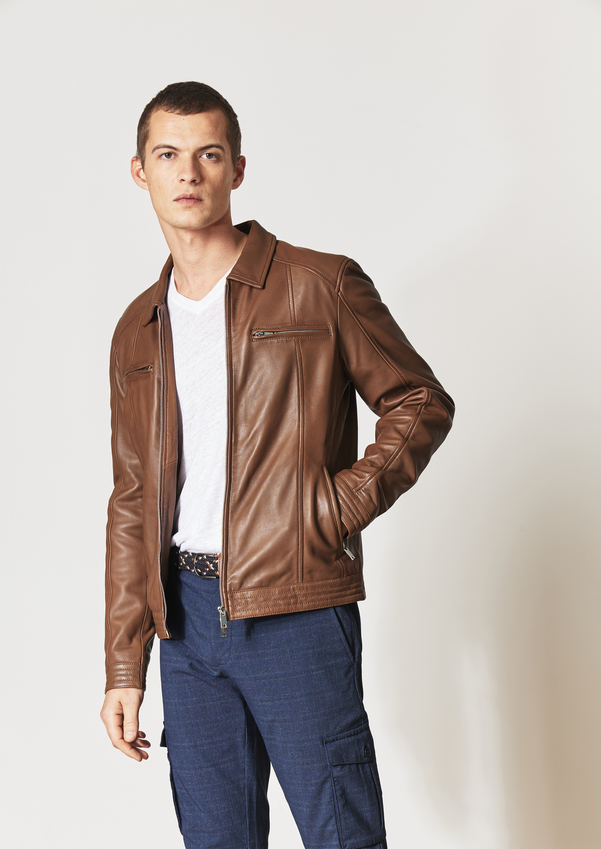 Blouson en cuir uni tabac