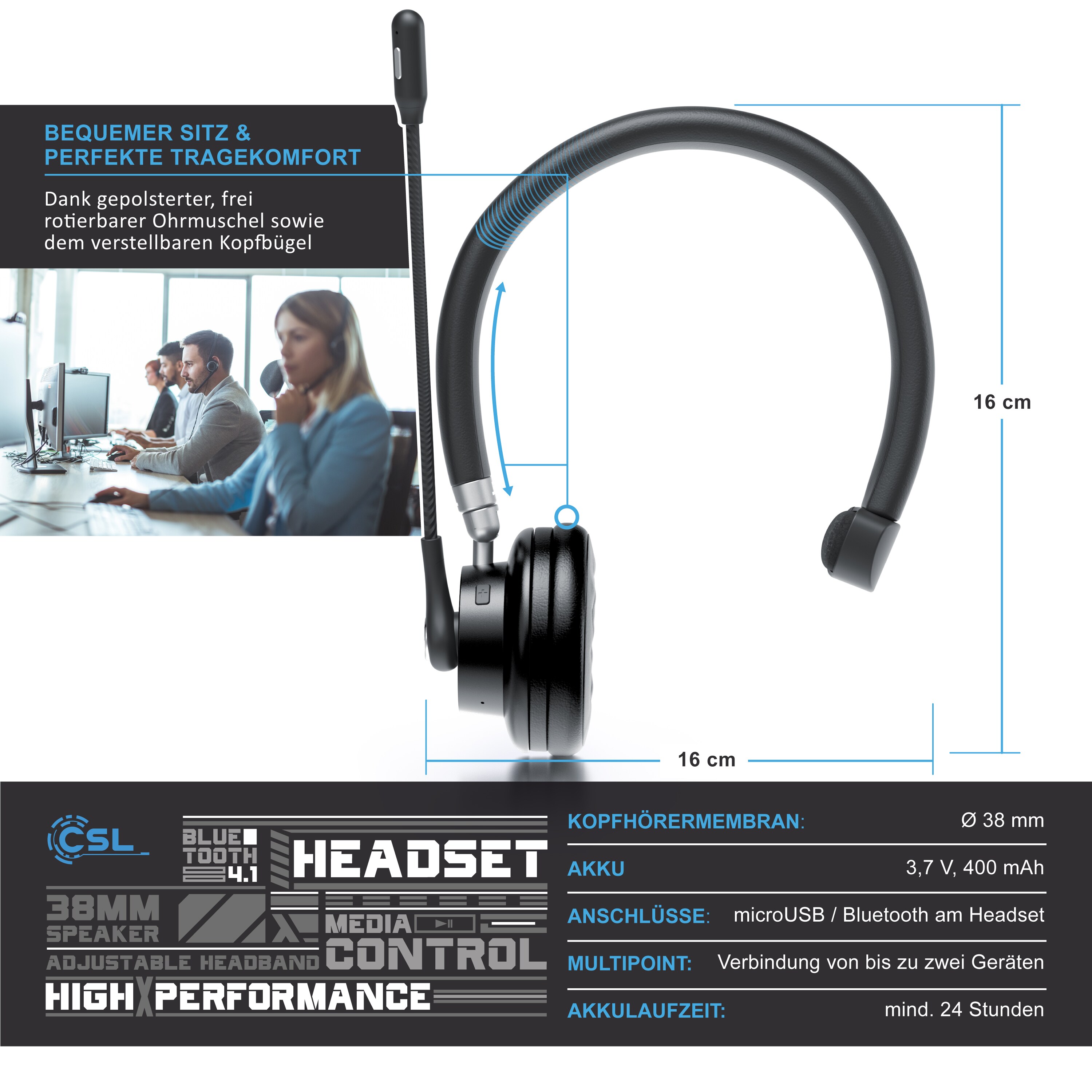 CSL Bluetooth 4.1 Headset 38mm - Kopfhörer mit flexiblem Mikrofon - Multipoint - kabellos - leicht - freisprechen - für Auto und LKW Computer VoIP