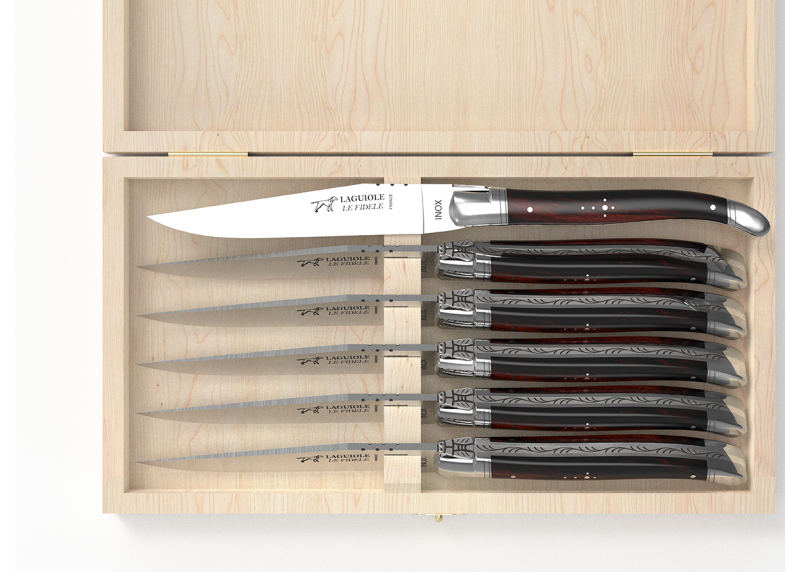 Service de 6 couteaux Laguiole avec un manche en bois de fer et mitres en acier inoxydable