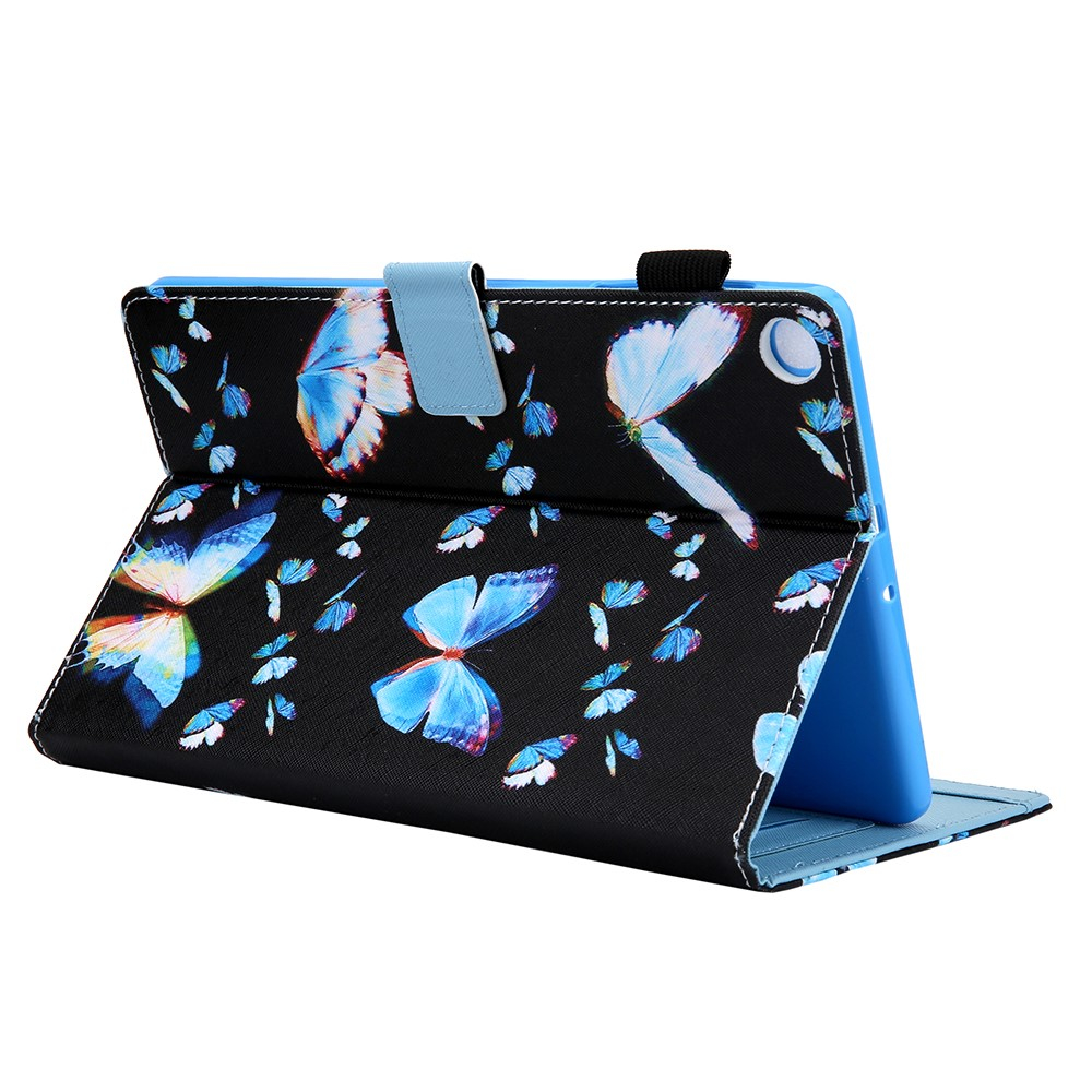 Samsung Galaxy Tab A7 Lite Leder Tasche Flip Case Blaue Schmetterlinge   Stift Halterung - Schwarz