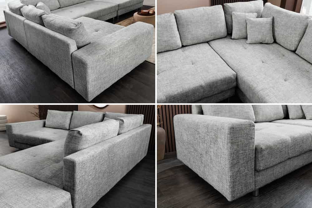 Moderne Wohnlandschaft KENT 220cm grau Strickstoff Ecksofa inkl. Hocker und Kissen