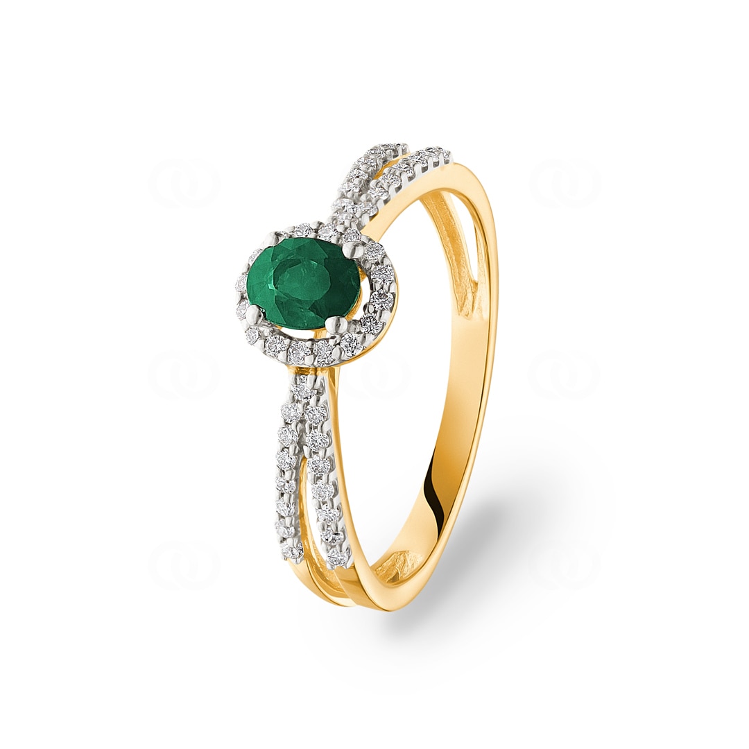 Damenring 750/18 K Gelbgold mit Smaragd oval und Diamanten 0.19 ct H/si
