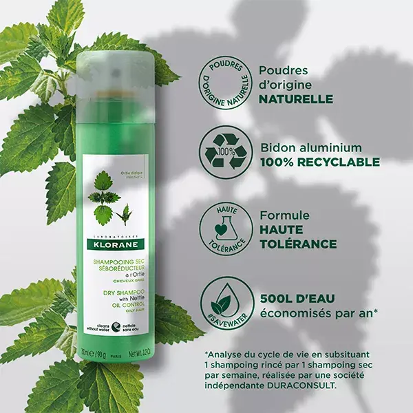 Shampoo a seco de urtiga Klorane para cabelos oleosos e seborreguladores, 150ml