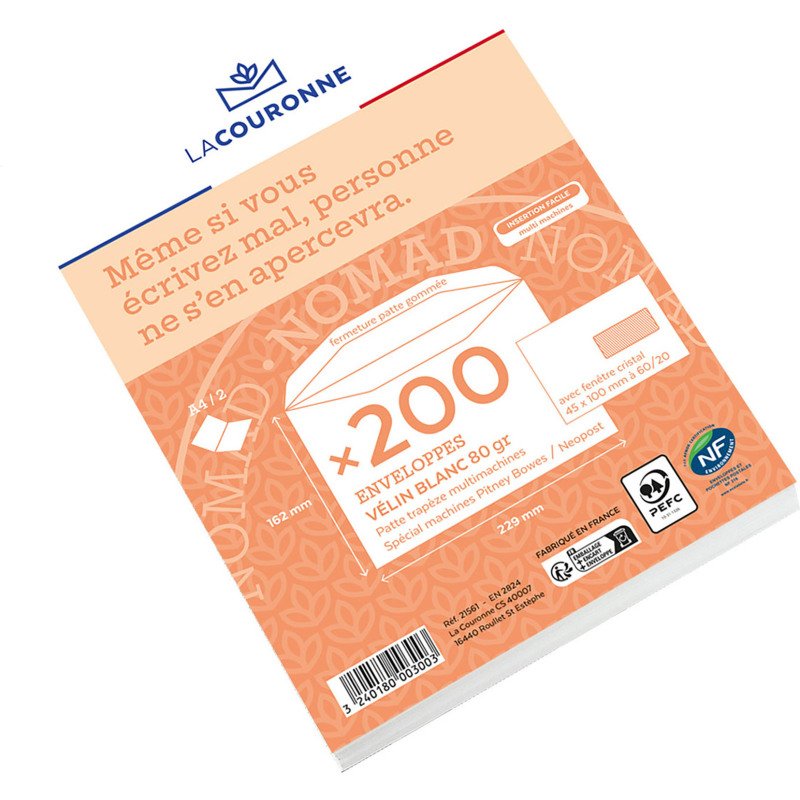 Enveloppe pour mise sous pli automatique La Couronne 80 g/m² avec fenêtre 45 x 100 mm avec patte gommée blanche - Boîte de 200