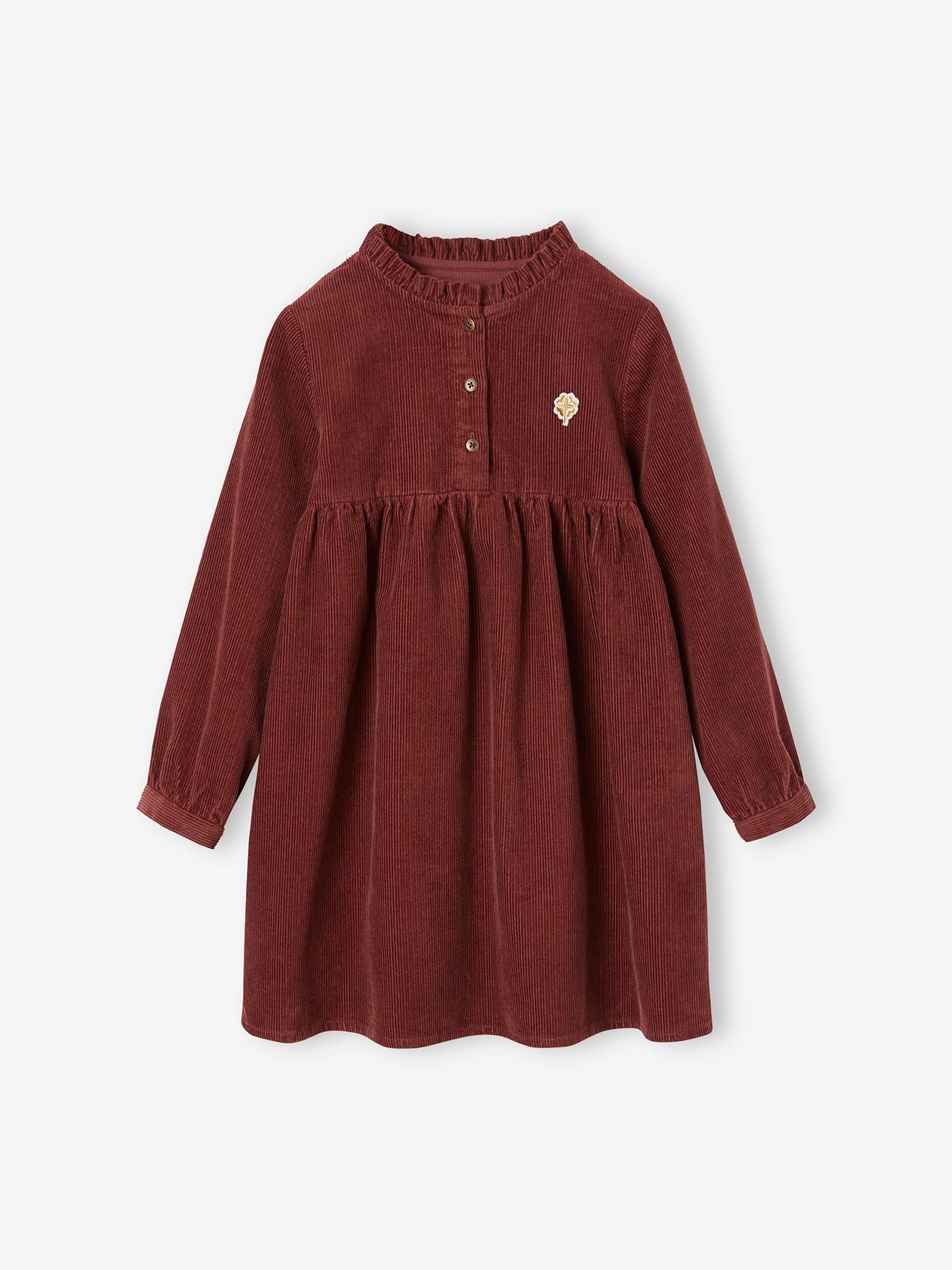 Vestido de veludo cotelê com babado, liso, marrom médio, para menina.