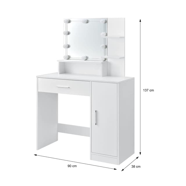 ML Design toiletbord hvid, frisørbord med LED-belysning, spejl, 1 skuffe, 3 rum