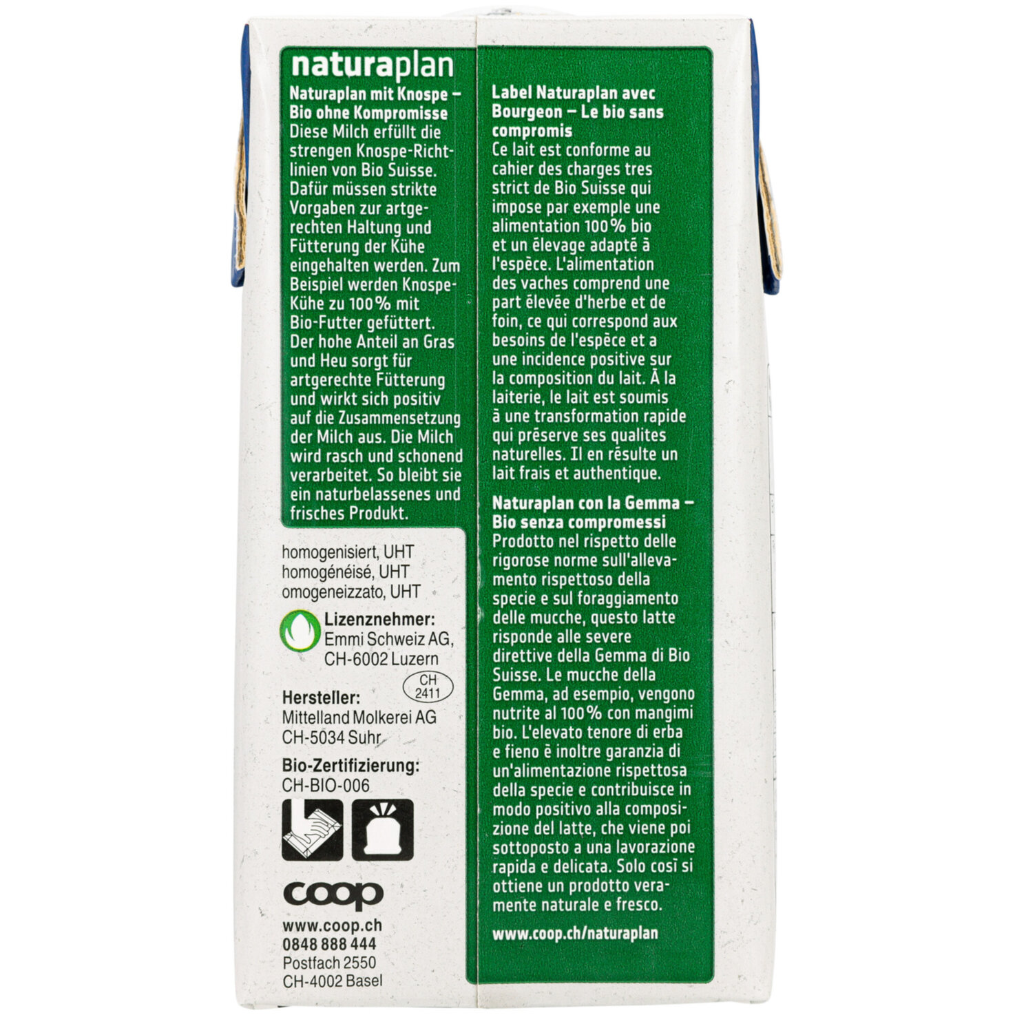 Naturaplan Bio Vollmilch 3,9% Milchfett UHT -