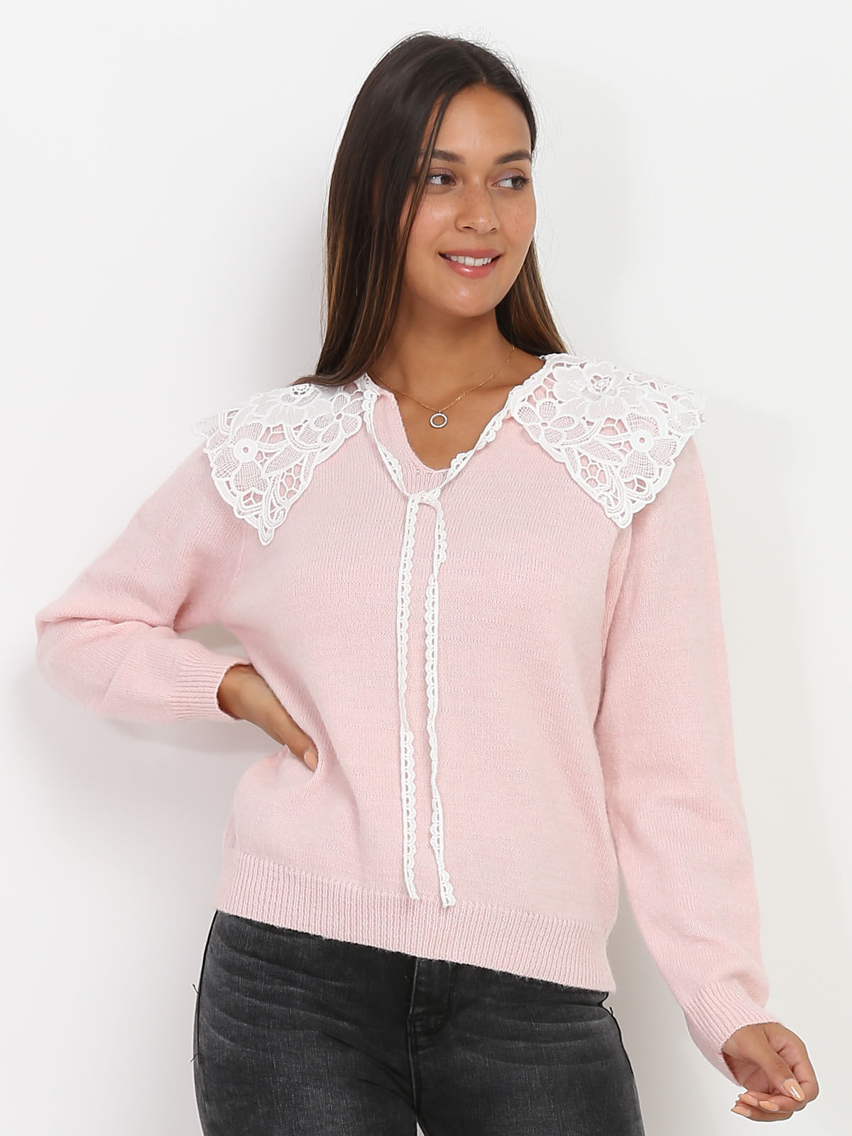 Pull à col claudine XL en dentelle- Rose