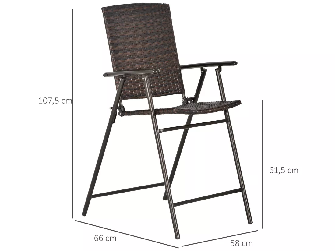 Tabourets de bar pliable style colonial - lot de 4 tabourets de bar - repose-pied + accoudoirs - métal époxy résine tressée chocolat