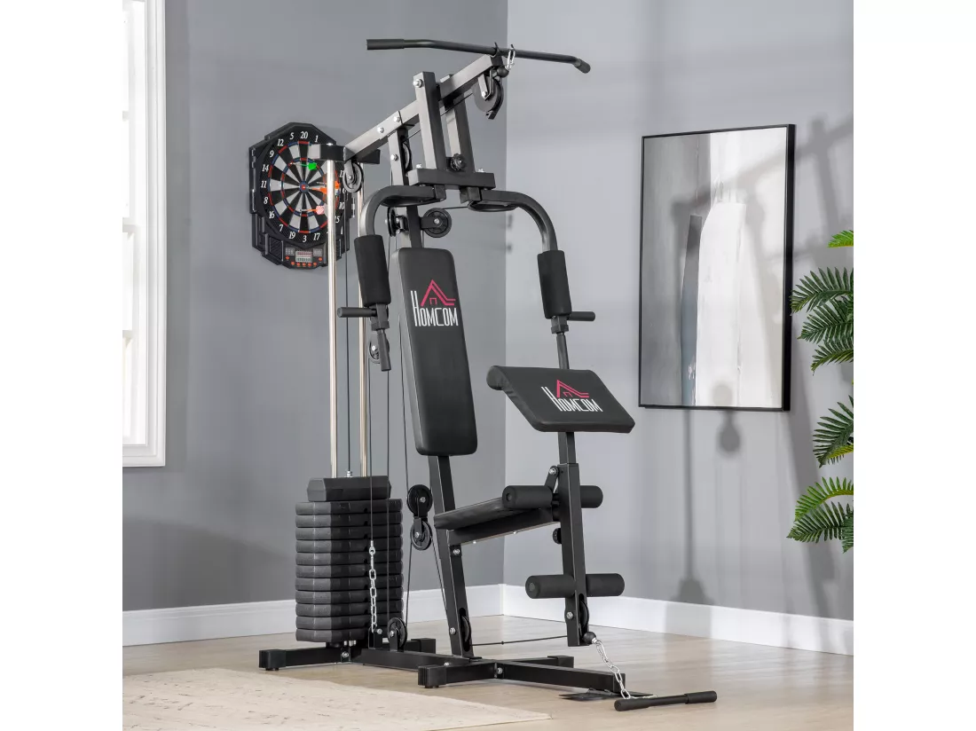 Station de musculation - entrainement complet - développé couché, butterfly, barre latissimus, curler, bande résistance - 11 contrepoids - acier noir