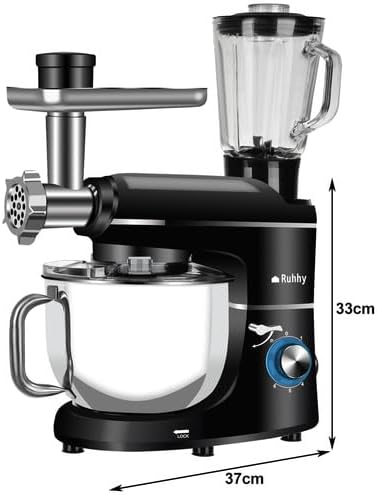 Ruhhy Küchenmaschine Edelstahlschüssel 6,2 l, 2200 W - 6 Geschwindigkeitsstufen + Pulsfunktion Küchengeräte für Kuchen und Brot mit Backzubehör für Hobby- & Profiköche