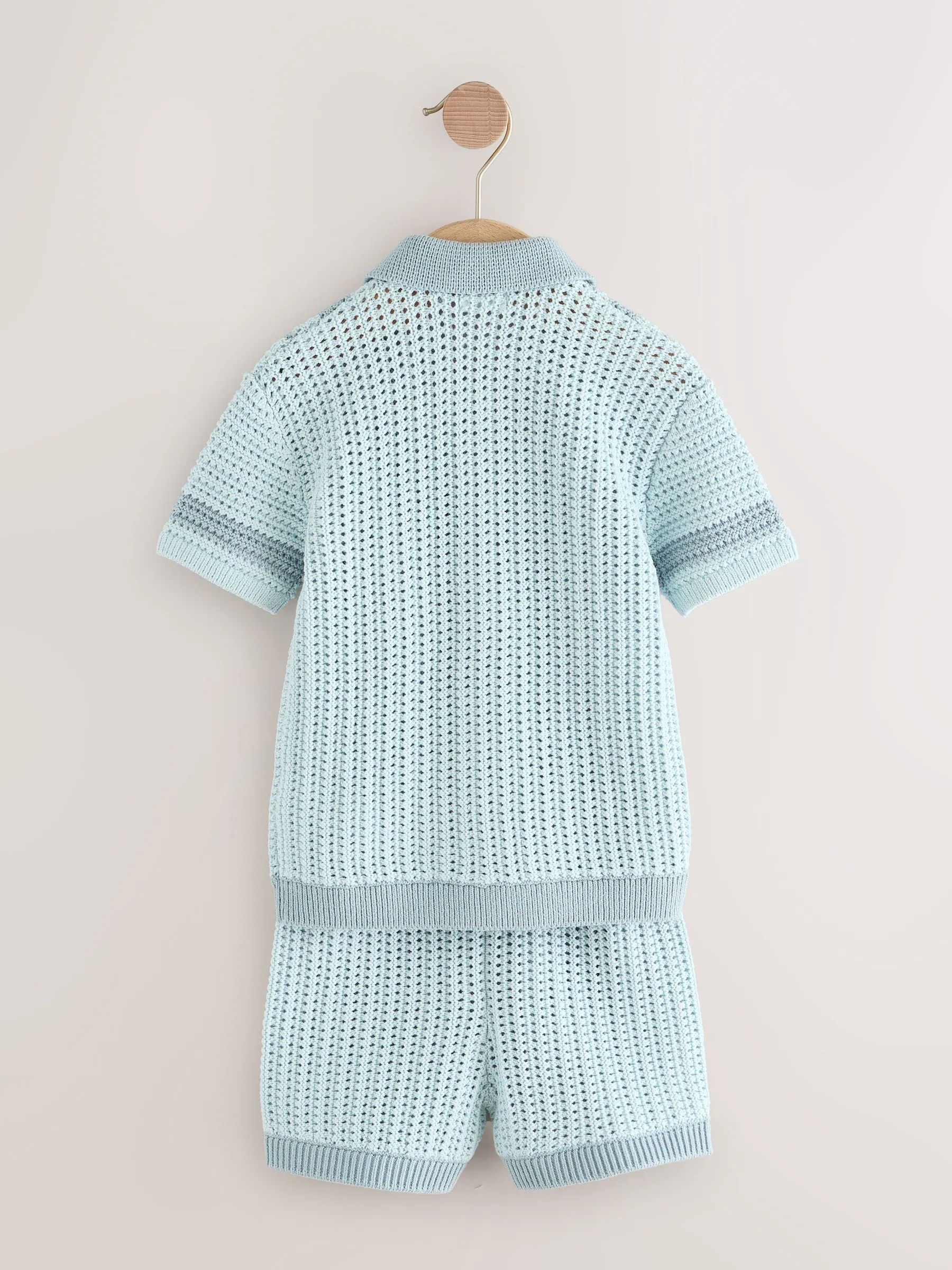 Blauw - Gehaakte gebreide set van overhemd met korte mouwen en shorts (3mnd -10jr)