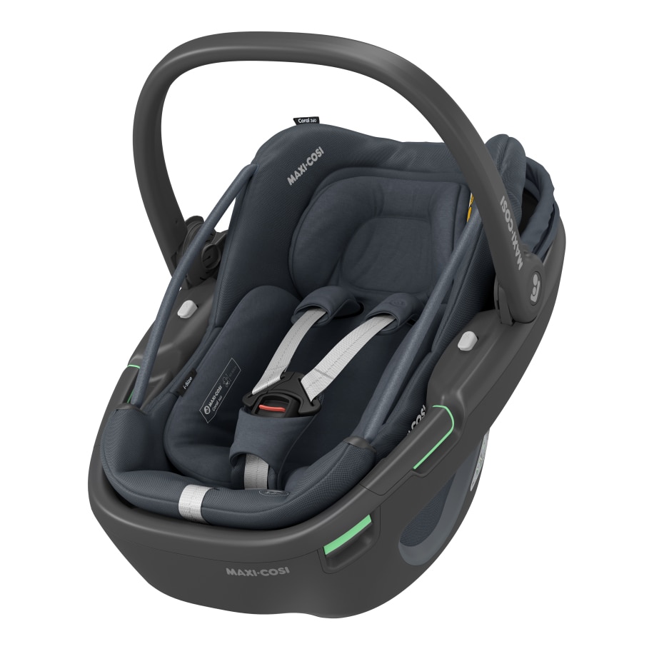 Coral 360 0 - 12 M  40 - 75 cm   0 - 12 kg    Intuitive FlexiSpin-Drehung mit nur einer Hand |    Der erste modulare Baby-Autositz |    Ultraleichtgewicht |    „Easy-in”-Gurt |