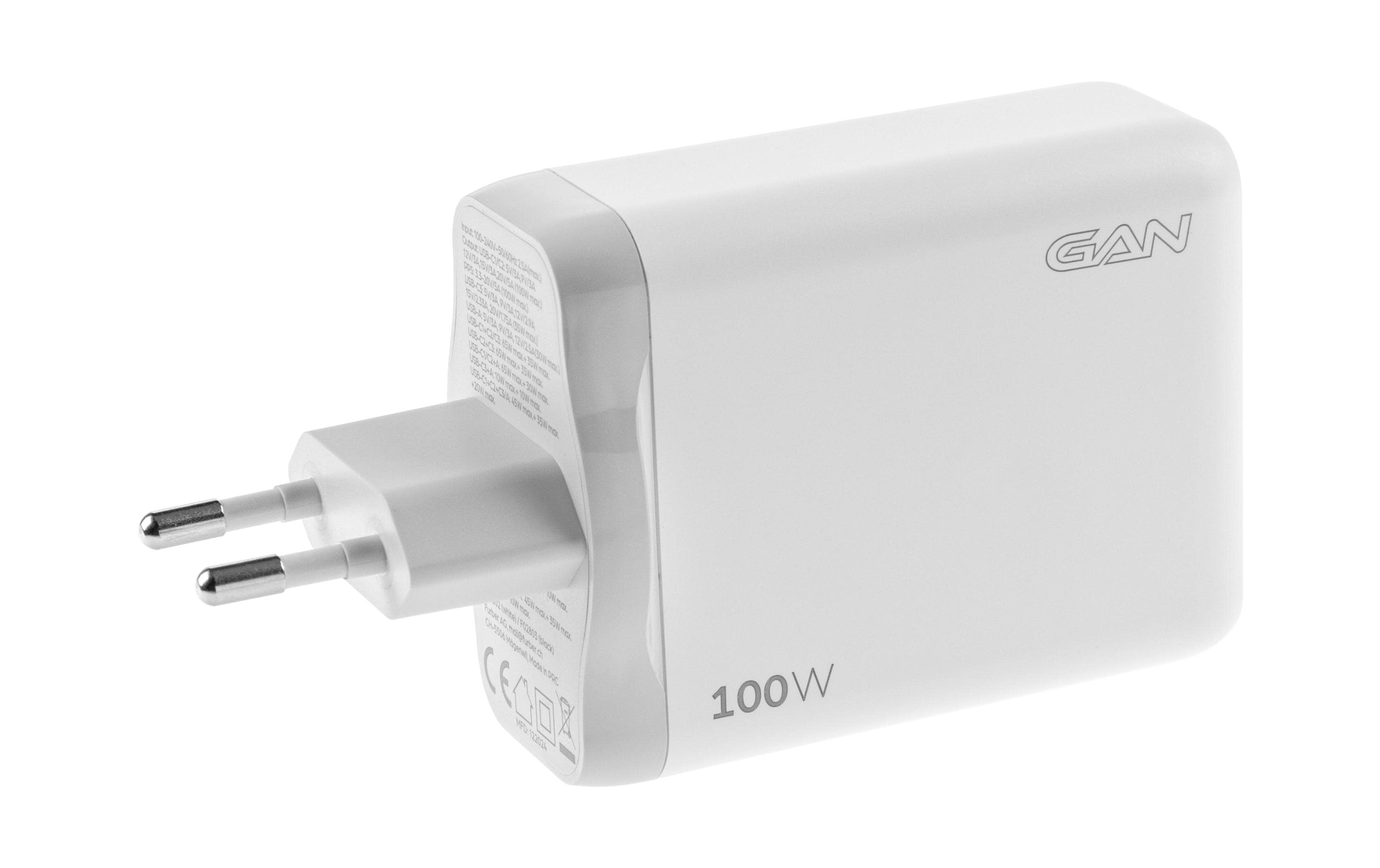 USB-Wandladegerät Quad 3C1A 100 W GaN WeissLadeadapter mit drei USB-C-Ports und einem USB-A-Port