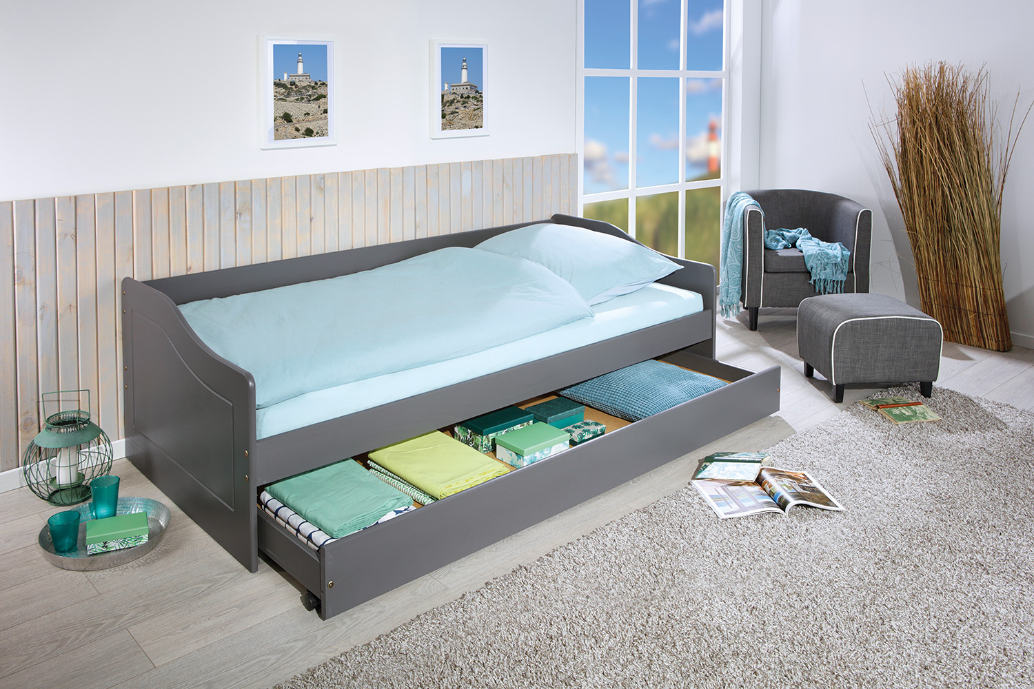Sofabett MALTE - grau - Massivholz - 2 Liegeflächen