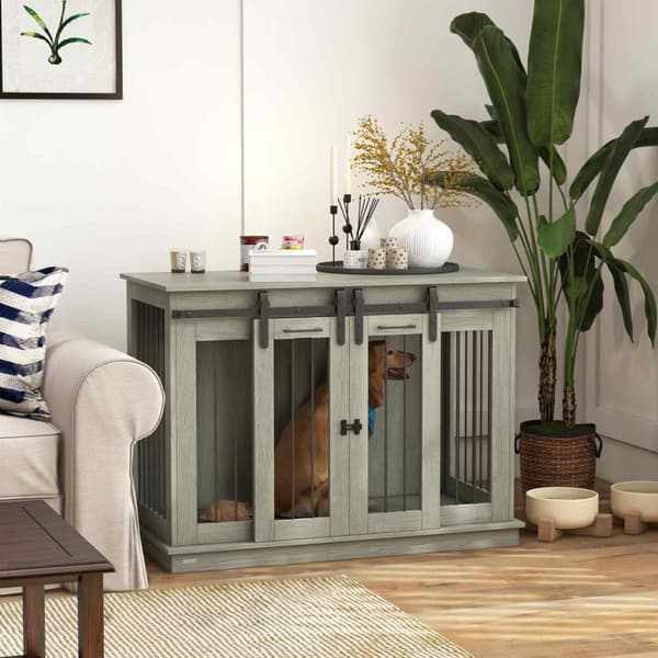 Hundebur, hundebur, hundehus med alternativ for to rom for mellomstore hunder, hundebur med doble dører, hundehus, grå, 120 x 60 x 88,5 cm Aosom