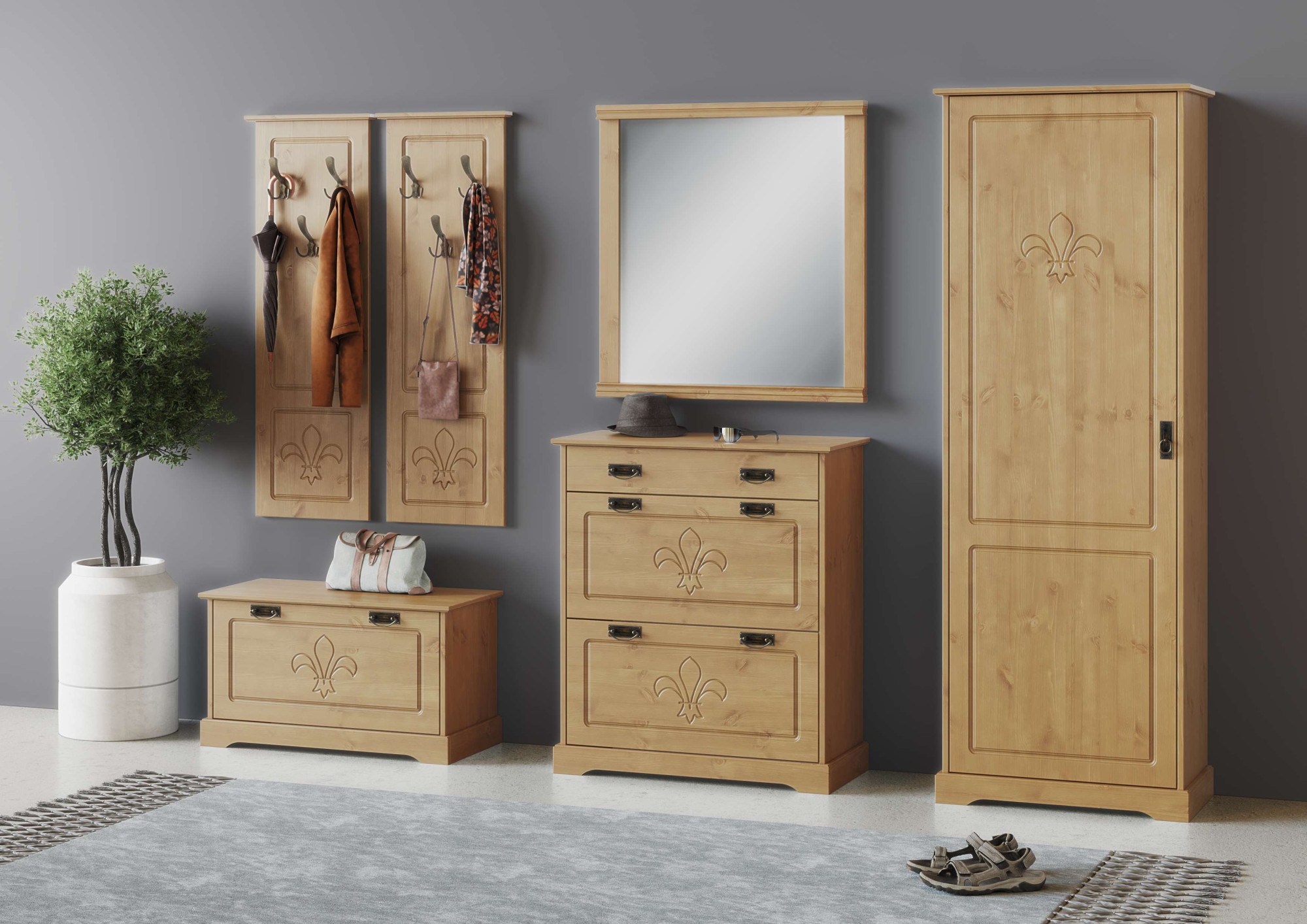 Home affaire Garderobenschrank »Lille Mehrzweckschrank Breite/Höhe: 67/187 cm« aus massiver Kiefer, mit schöner Lilien-Fräsung, Jugendstil-Griffe