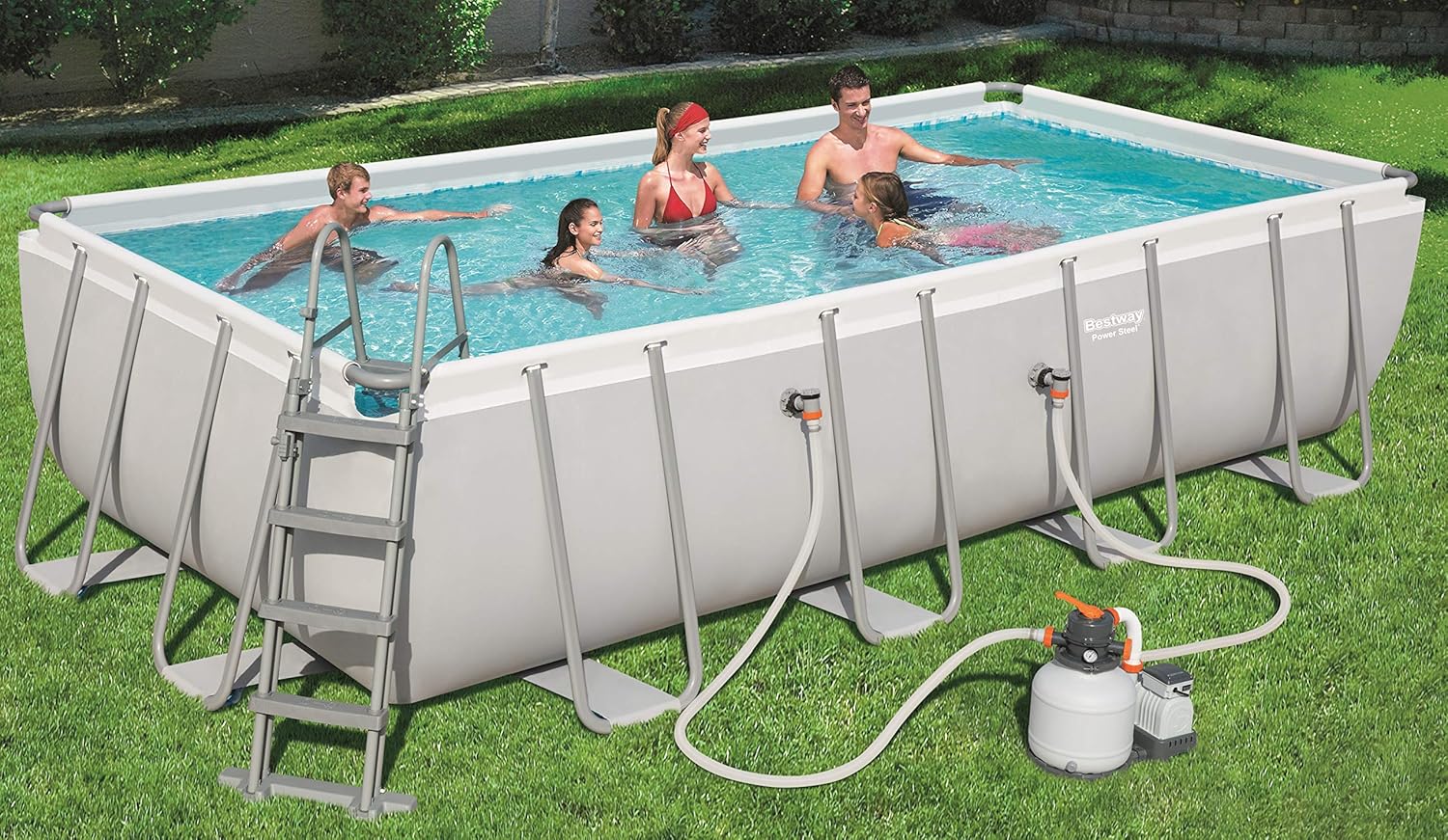 BESTWAY Power Steel Rectangular Pool Set 549x274x122 cm, Stahlrahmenpool-Set mit Sandfilteranlage und Zubehör