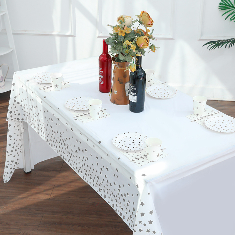 (271x137cm) Deko Folien Tischdecke Party Dekoration Tisch Tuch Sterne Design - Weiss / Gold