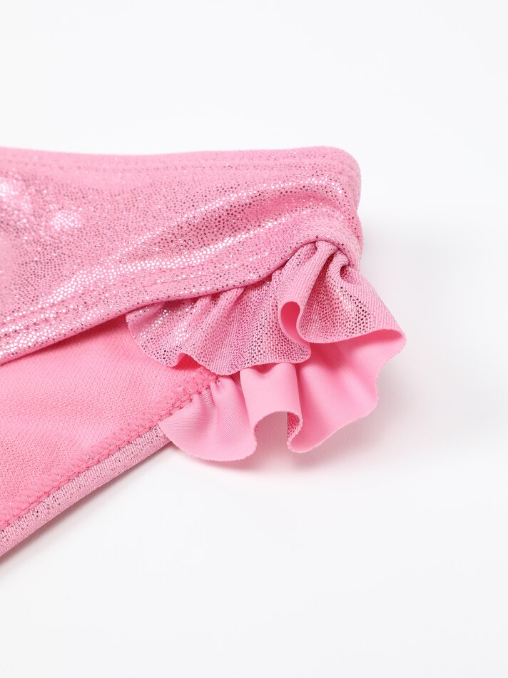 Conjunto de biquíni de duas peças brilhante com babados e elástico de cabelo - Rosa Pastel