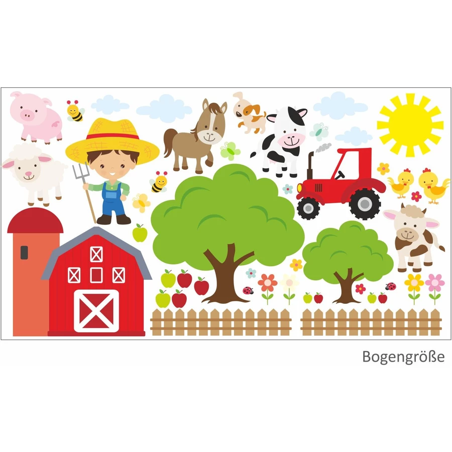 Nikima Wandtattoo 014 Wandtattoo Bauernhof modern Farm Ziege Schaf Schwein Pferd Küken Baum Apfel bunt