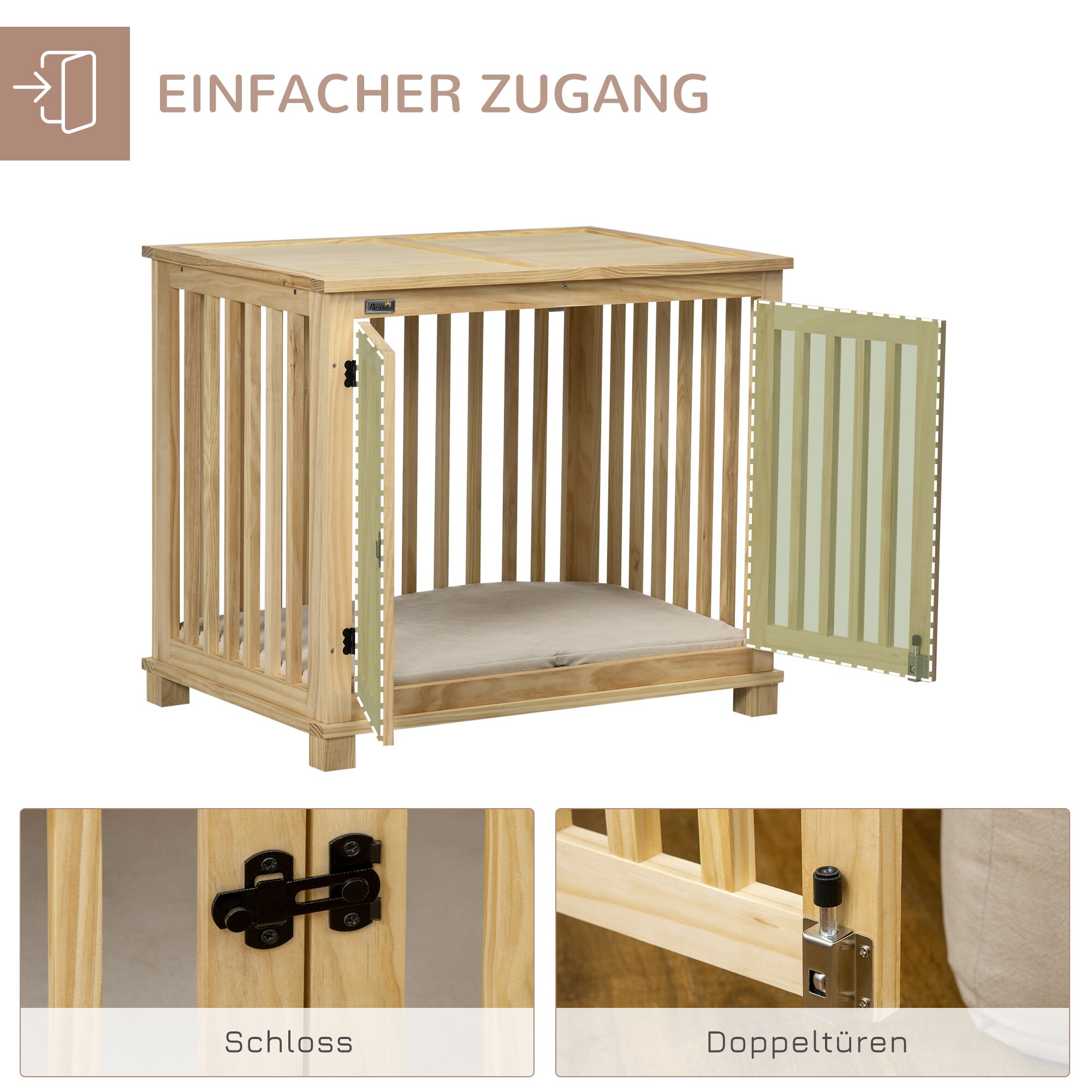 PawHut Hundekäfig mit Kissen natur 82,5L x 57B x 72H cm