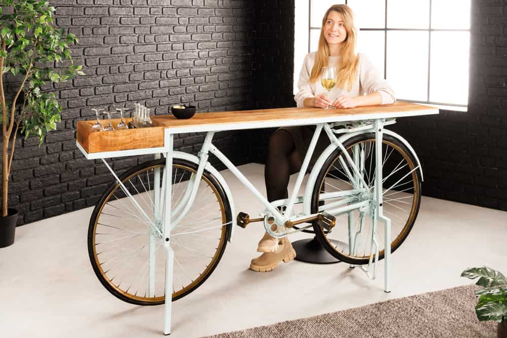 Retro Konsolentisch BICYCLE 190cm salbei natur Mangoholz Fahrrad Bartisch Upcycling