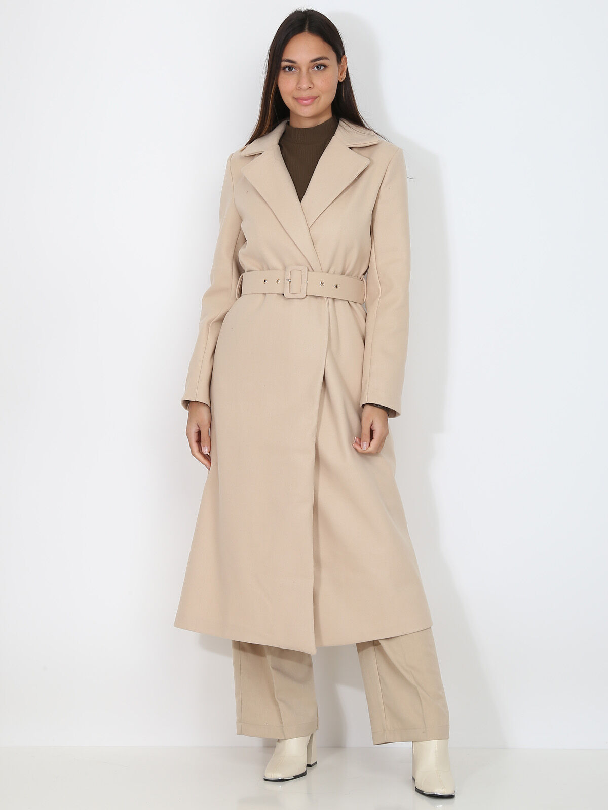 Manteau mi-long croisé et ceinturé- Beige