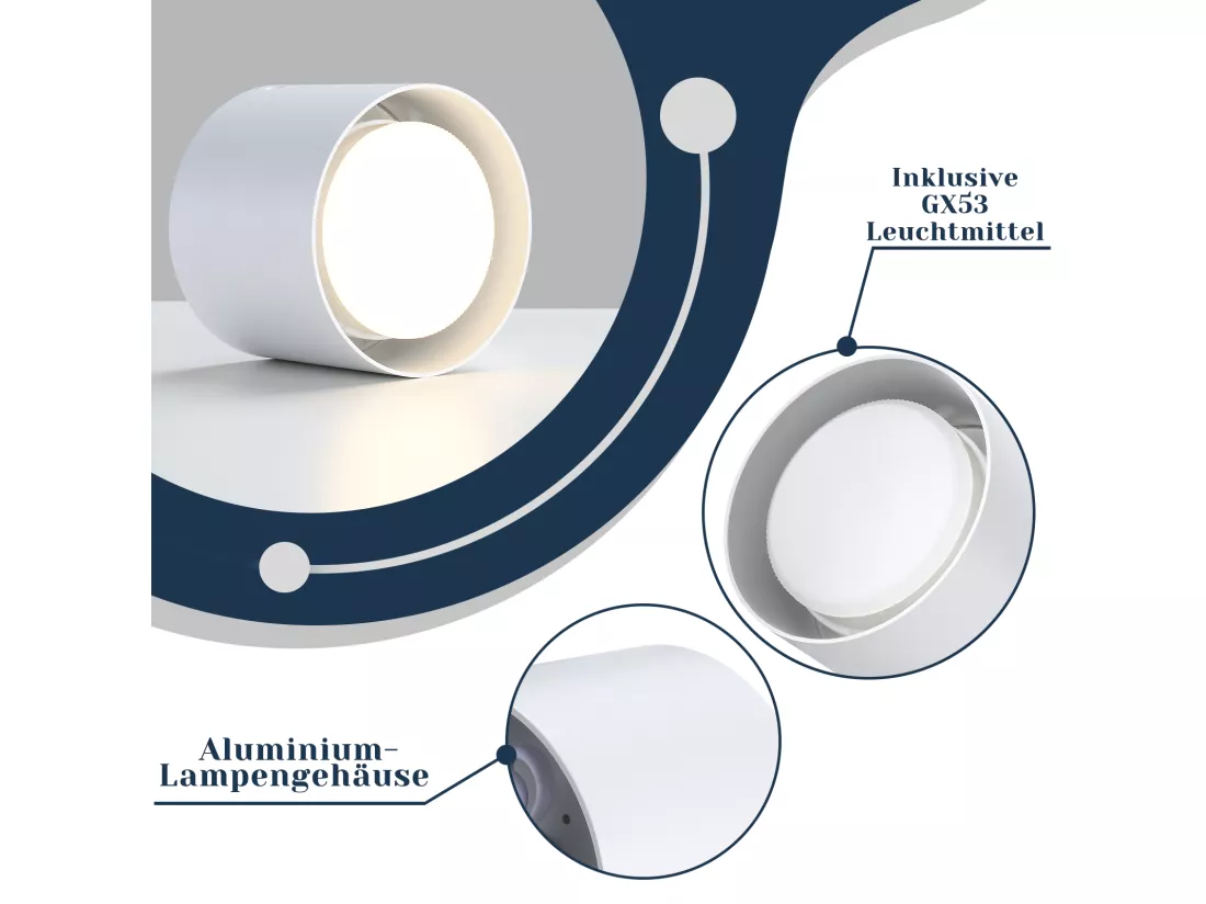 NETTLIFE Plafonnier Spot LED Blanc : Plafond rond en saillie, alum. 230V, ampoule GX53 5W 3000K, pour chambre, couloir