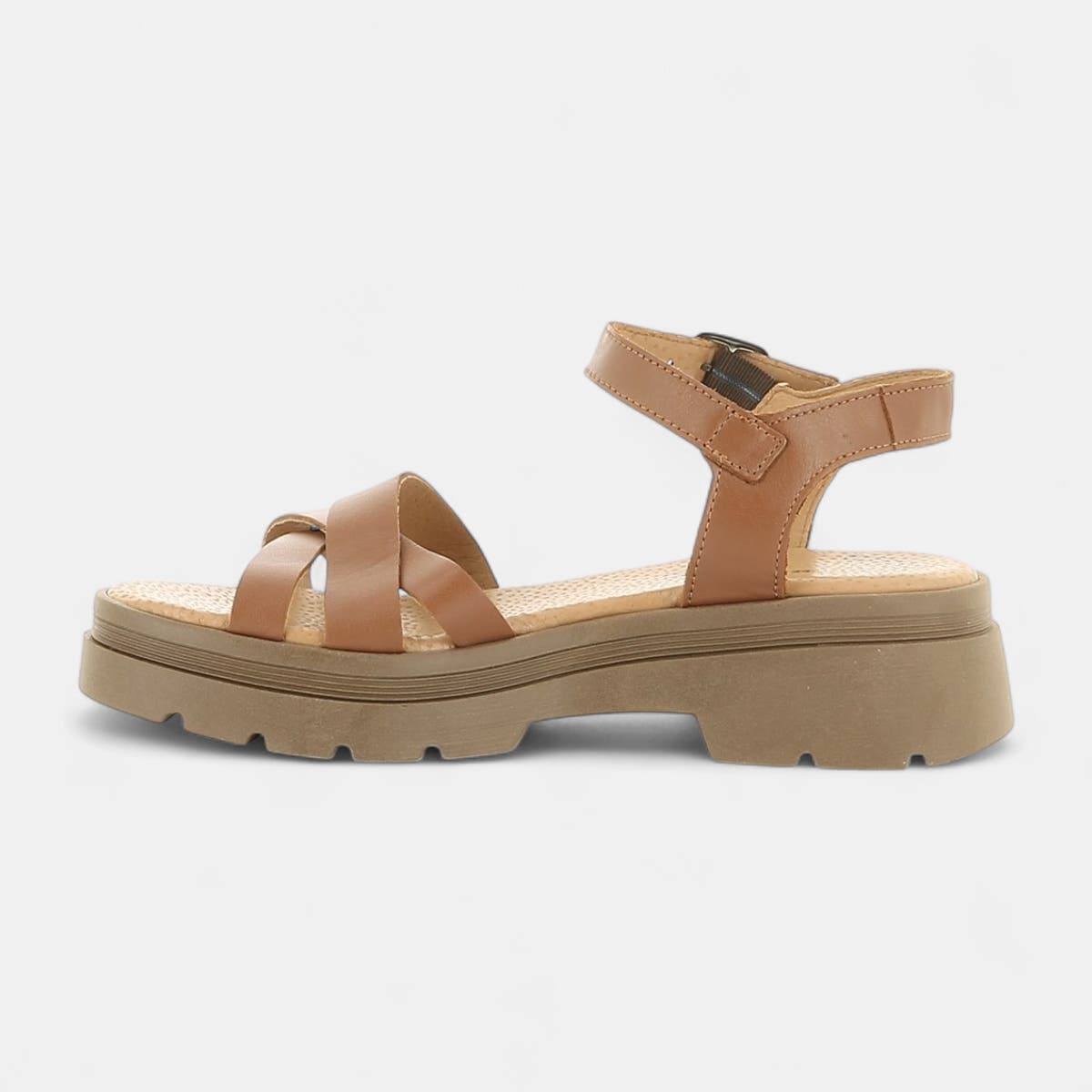 Sandales à talon compensé Femme en cuir cognac
