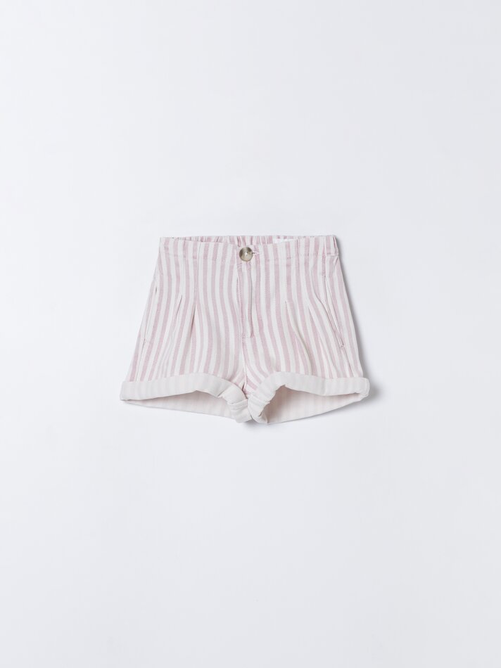 Shorts jeans plissados - Branco e Rosa