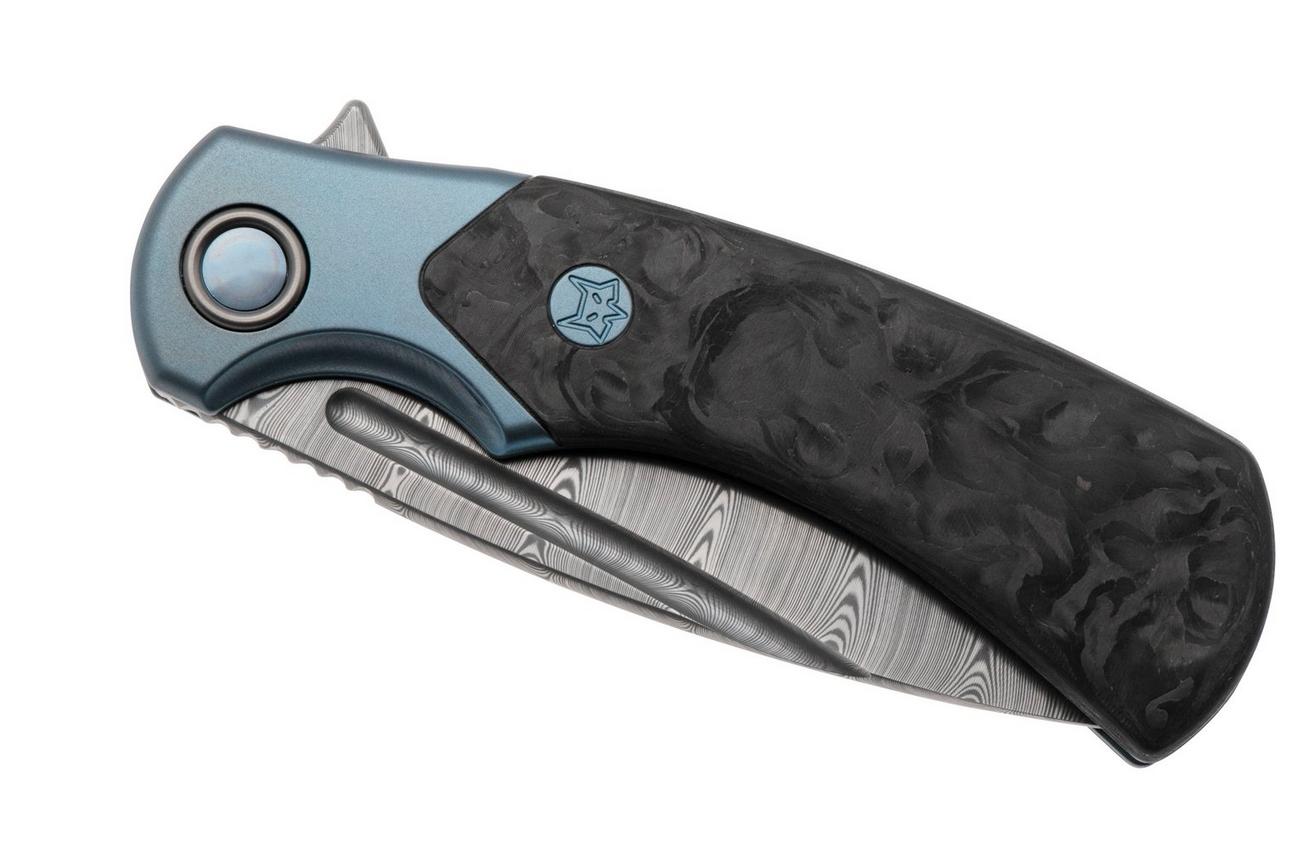 Fox 40 Years Anniversary Knife FX-F2017-D Damasteel DS93X Gysinge Pattern, Marble Carbon Fiber, Blue Oxidized Titanium, zakmes
