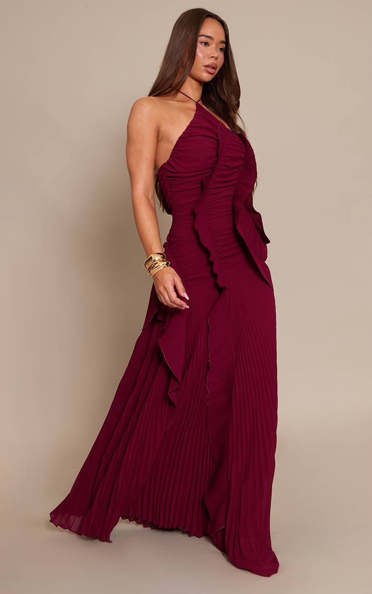 Rouge Bordeaux Robe Longue Plissée À Volants Et Col Licou