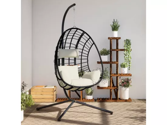 Chaise suspendue en forme d'œuf et support beige rotin et acier