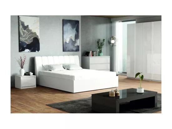 Ensemble chambre VERONA : Lit coffre 180x200 cm, commode 3 tiroirs, tables de chevet, armoire 4 portes, blanc brillant