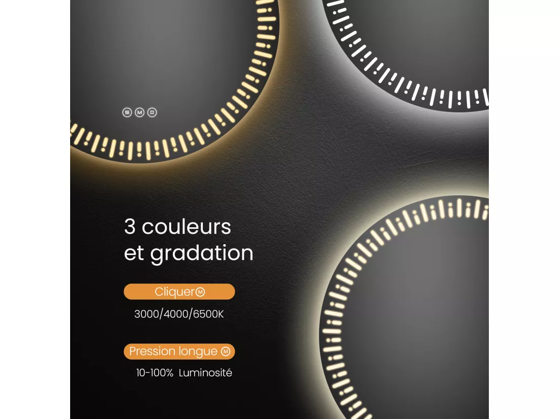 EMKE Miroir led salle de bain ф50 cm Miroir salle de bain lumineux avec 3 Couleurs de lumière réglables+Anti-buée, Économie d'énergie miroir led