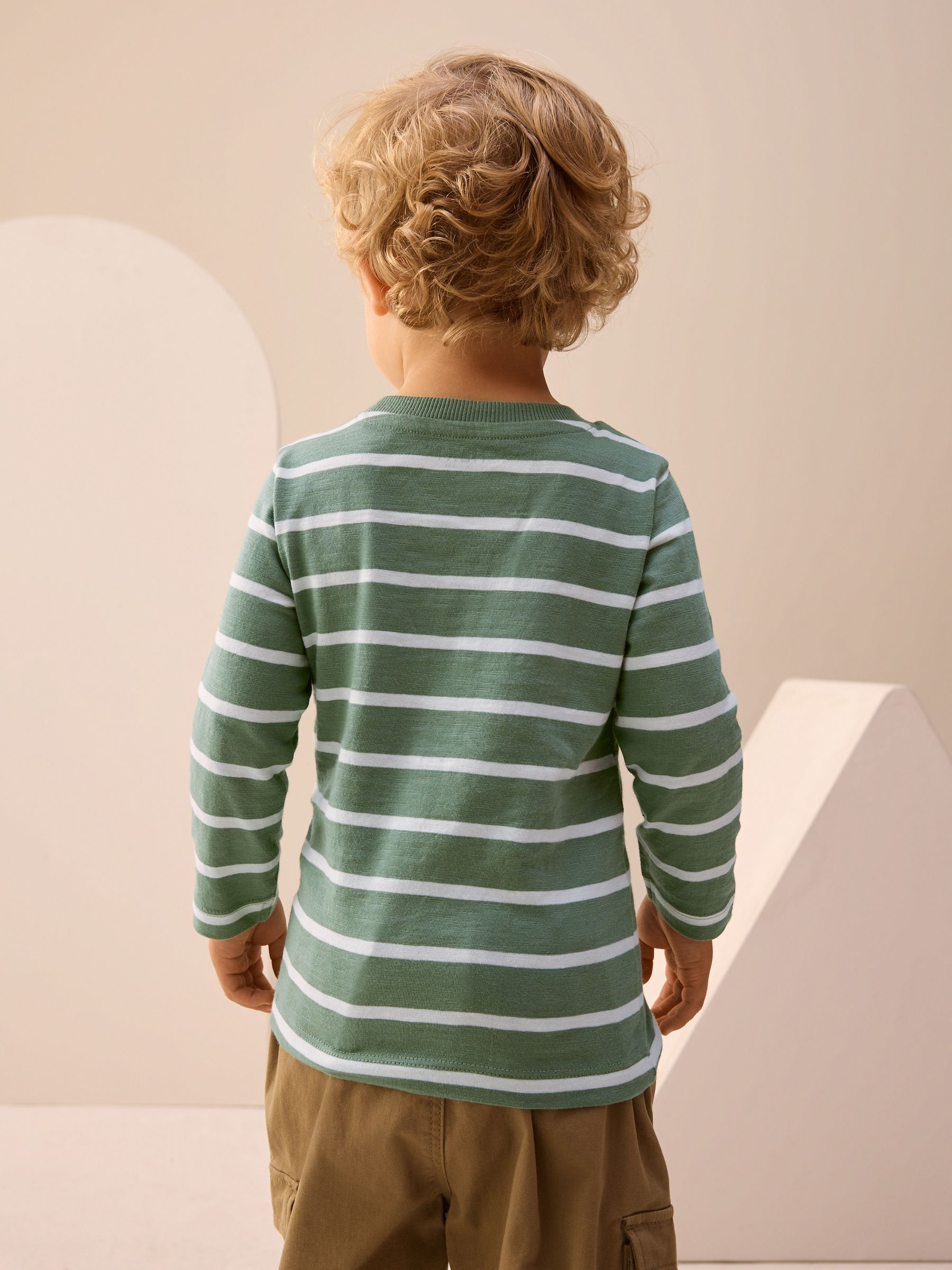 Groen/wit gestreepte safari - T-shirt met applicatie en lange mouwen (3 mnd-7 jr)