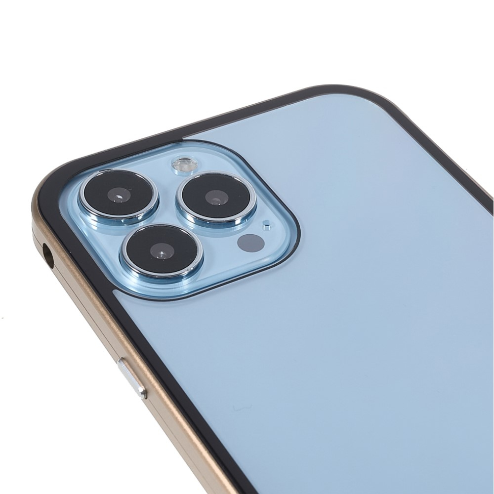 iPhone 13 Pro Magnetische Alu Schutzhülle mit Panzer Glas Backcover   Privacy Glas Displayschutz (Magnet-Technologie) - Gold