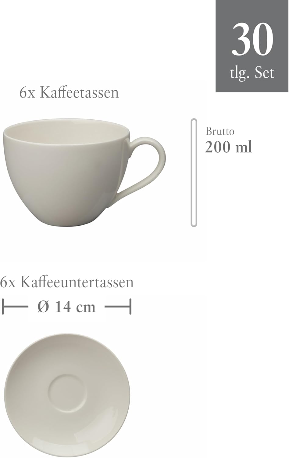 vivo - Villeroy & Boch Group - Basic White Kombiservice 30 Teilig, Spülmaschinenfest, Mikrowellensicher, Tafelservice Weiß, Geschirrset, Kaffeeservice, Keramik, Teller, Tassen, Premium Porzellan