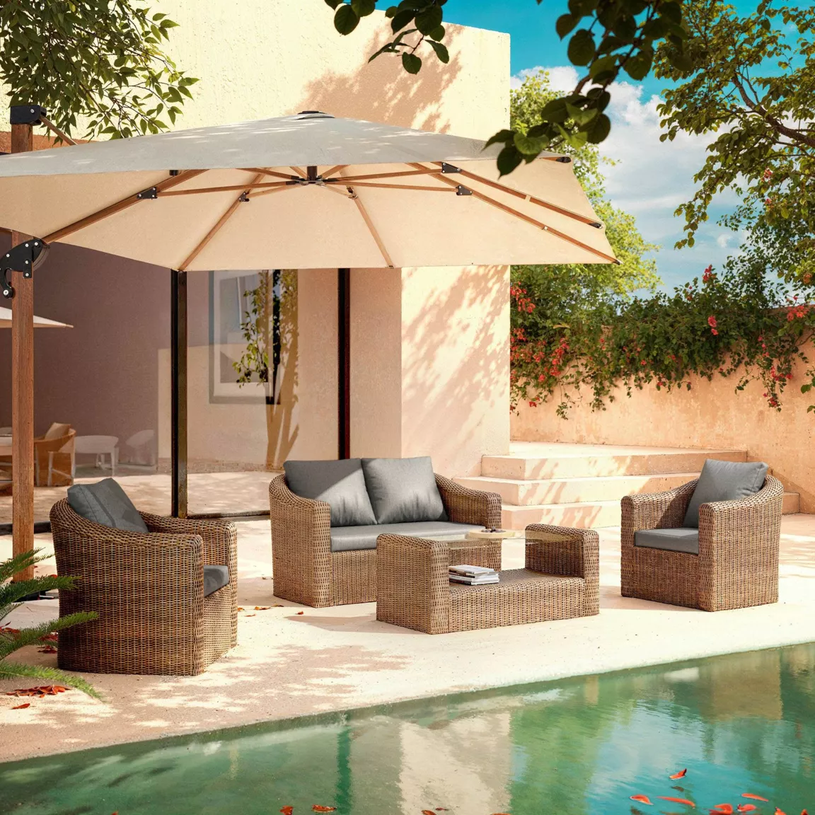 Salon de jardin en résine tressée 4 places 4 pcs Calvi Sepia et gris foncé
