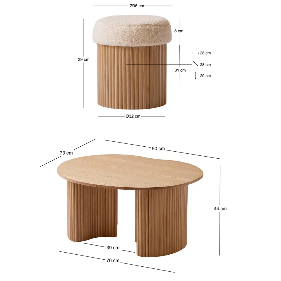 Set van een houten salontafel en 2 witte poefs