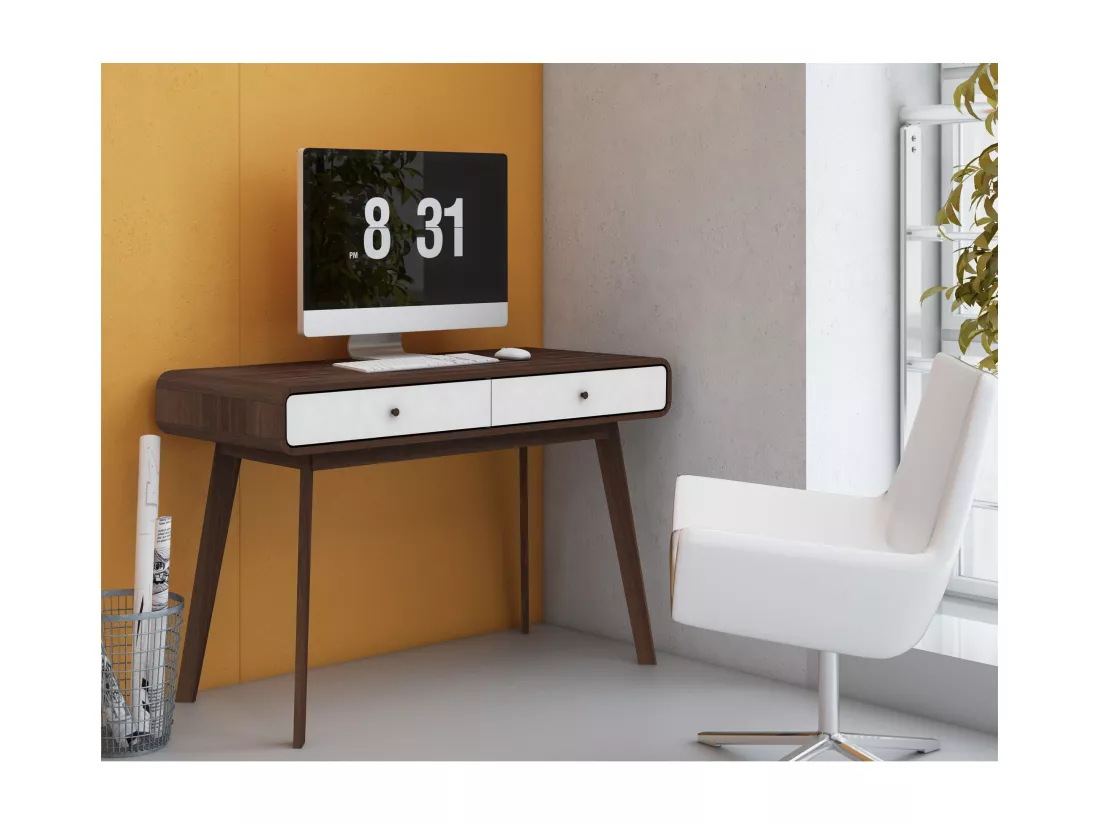 Cassie | Bureau avec 2 tiroirs en effet noyer et blanc