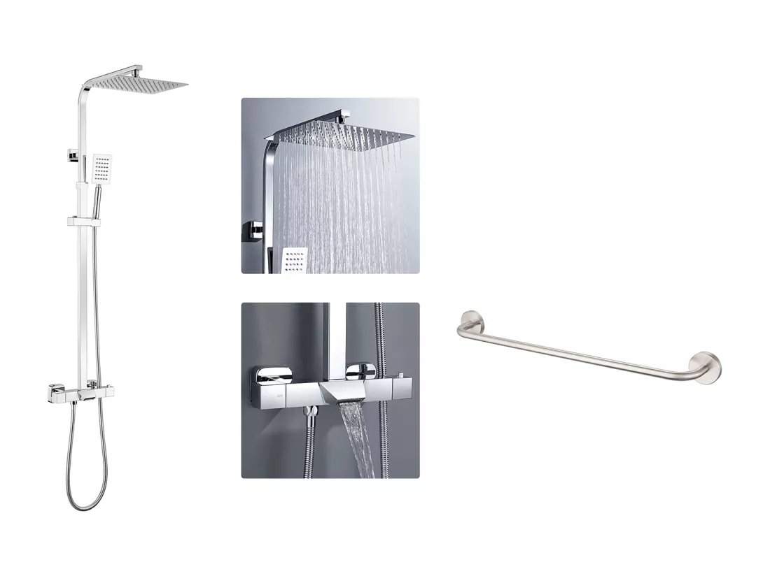 AuralumMAX Colonne de Douche Thermostatique Chromée,avec Mitigeur de Douche Cascade+60cm Porte-Serviettes Salle Bain Auto-adhésif ou Perçage en Inox