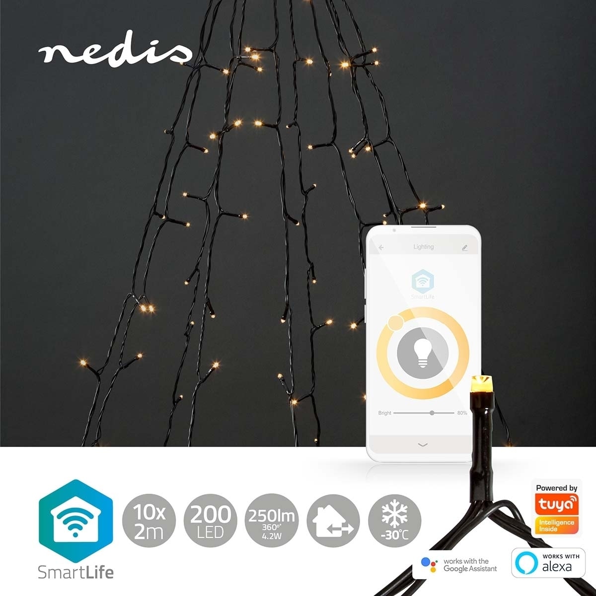 Nedis SmartLife Julelys | Tre | Wi-Fi | Varm Hvit | 200 LED s | 20.0 m | 10 x 2 m | Android™ / IOS