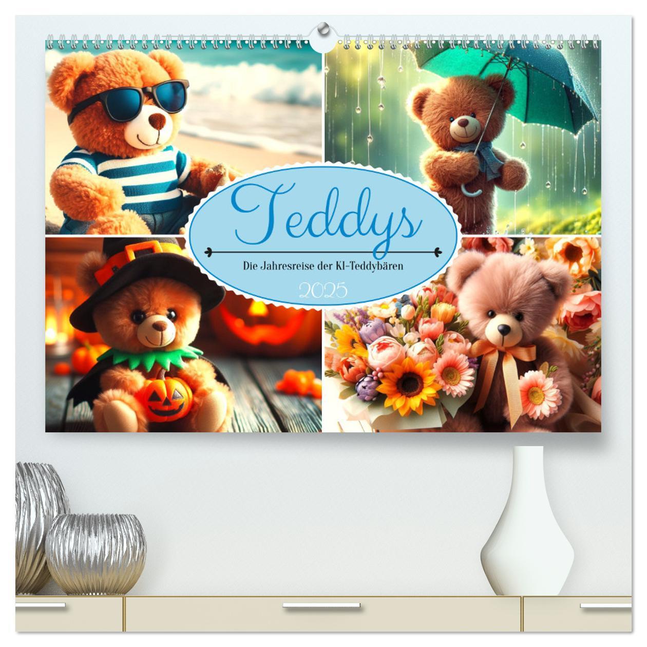 Teddys - Die Jahresreise der KI-Teddybären (hochwertiger Premium Wandkalender 2025 DIN A2 quer), Kunstdruck in Hochglanz