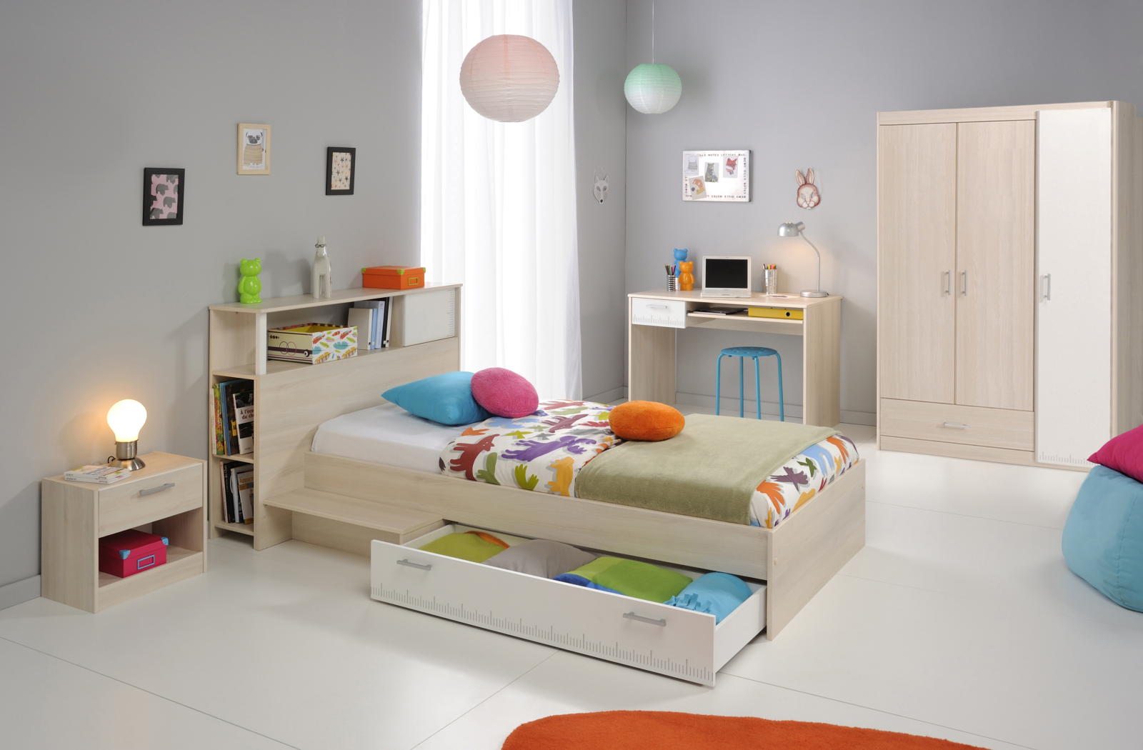 5-teiliges Jugendzimmer CHARLY 10 - weiß-Akazie - mit Schrank
